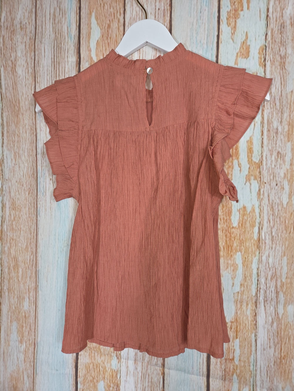 Pinch Rust Crinkle Texture Ruffled Cap-Sleeve Blouse. Size Small - Picture 4 of 4